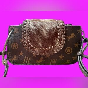 WESTERN Montana West Brown Crossbody Logo Bag Or Clutch With Fur Accent Like New